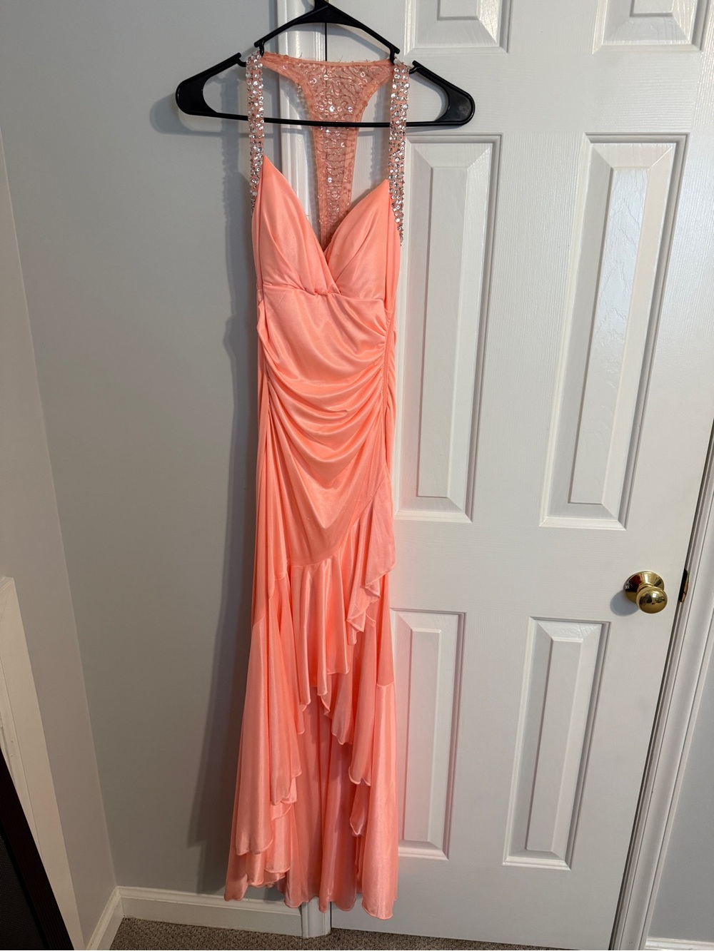 City Studio Coral Evening Gown with Embellished Straps